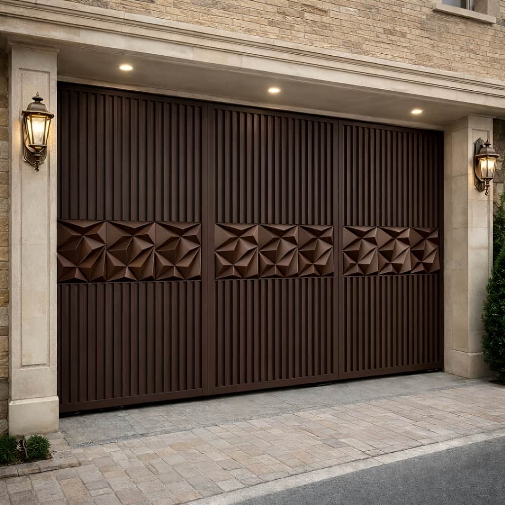 درب پارکینگ دو لنگه عریض فرفورژه برای اجرای نمای کلاسیک