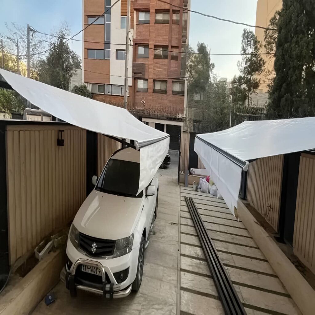 سایبان برقی در استان البرز پارچه مقاوم فضای بیرونی